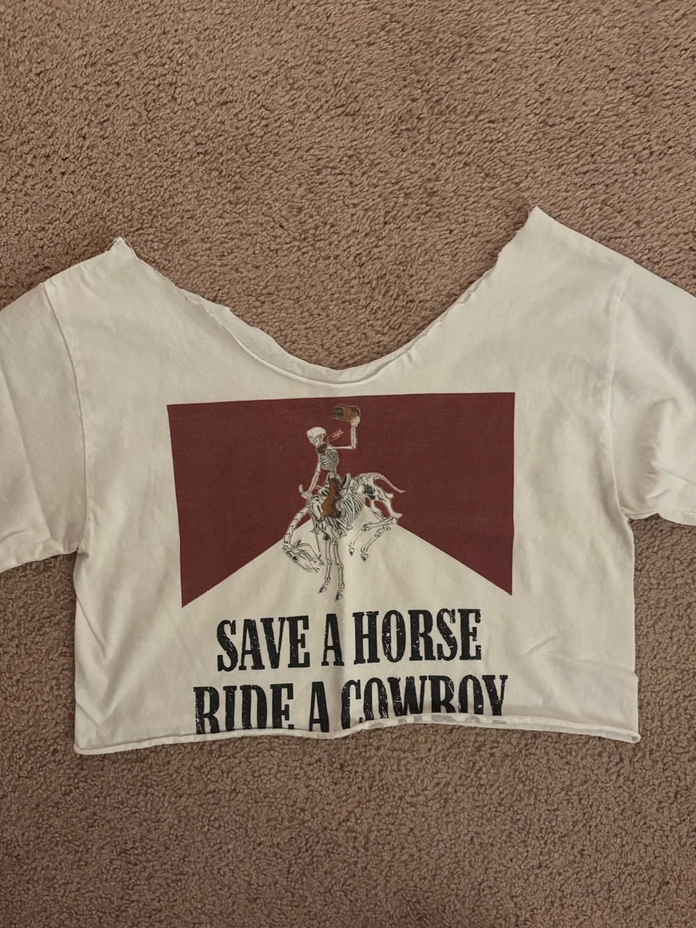 Graphic Crop Top "Save a Horse Ride a Cowboy" - White with Maroon Print